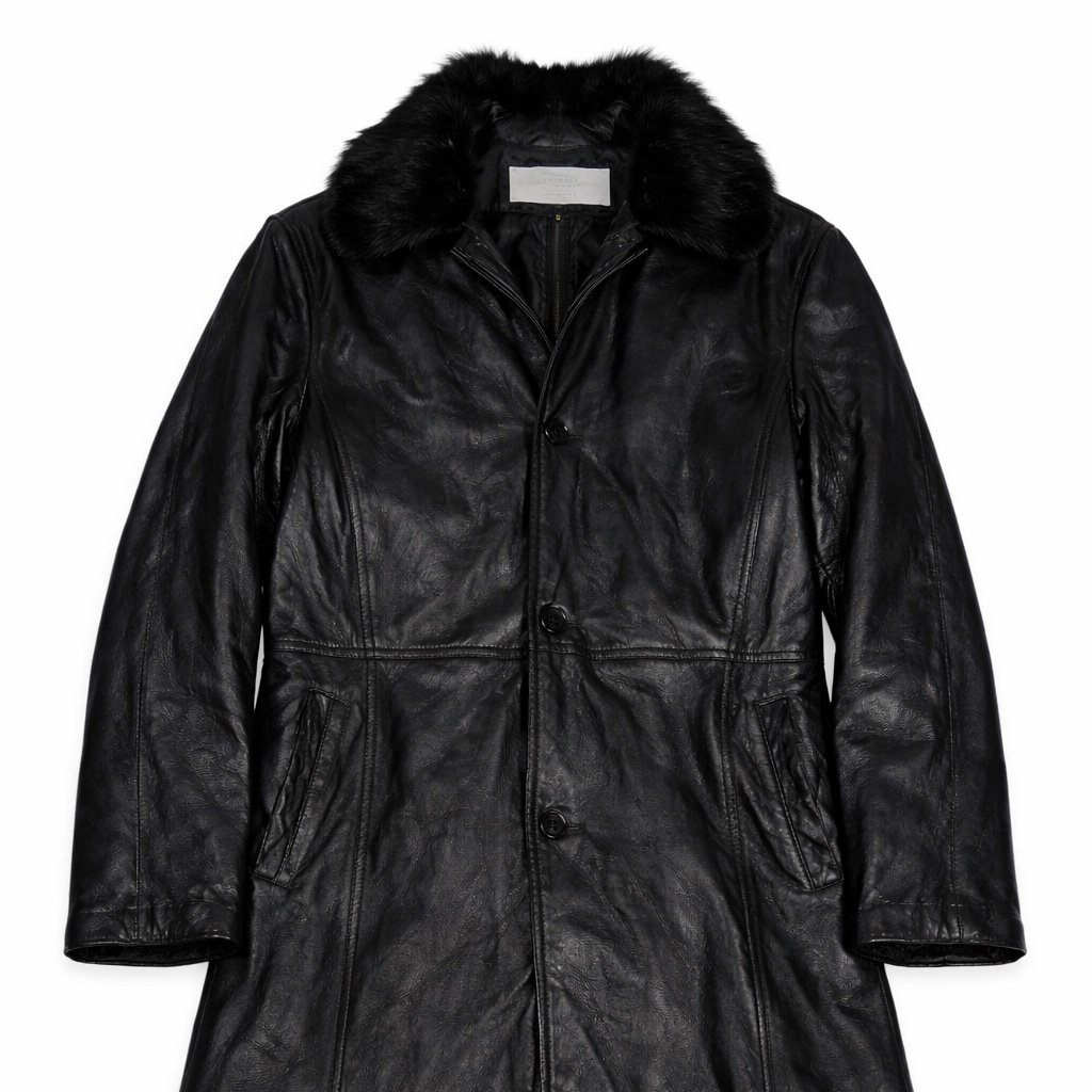 Vintage Monroe & Main Black Leather Sherling Coat With Fur Collar Xl